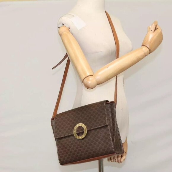CELINE Macadam Canvas Shoulder Bag PVC Leather Brown Gold Auth